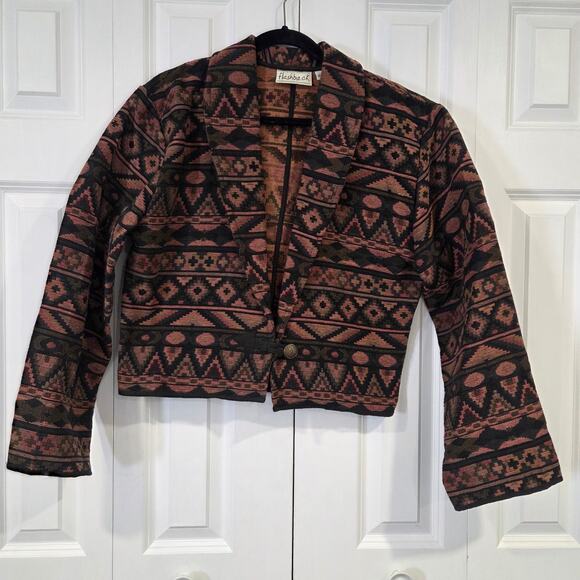 Flashback Jackets & Blazers - Vintage Brown Pink Black Tweed Aztec Weave Crop Bolero Jacket Medium
